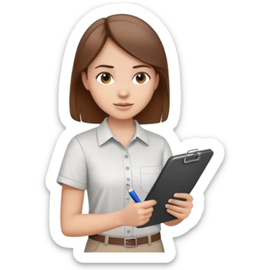 Intern or volunteer with brown hair holding a clipboard and pencil, ready to take notes or assist. The character wears a simple shirt and has an eager posture sticker