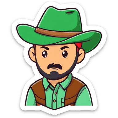 Cowboy wearing a green hat with no star, rugged face with stubble, western style sticker