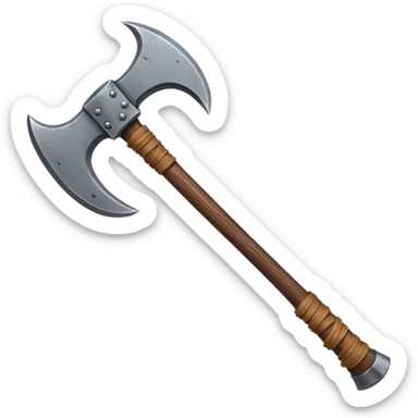 barbarian axe object icon, huge double-bladed axe, rough metal, wooden handle, leather wraps, fantasy style, 3D cartoon, mobile game icon style, centered, clean background, soft shadow, no text, no watermark
 sticker