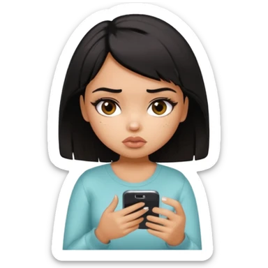generate a pretty bratz girl with short black mess hair, looking tired and using her phone sticker