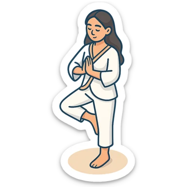 Edit the reference image of the girl to depict her in the tree yoga pose, preserving her appearance and clothing, in a 2D isometric style with a white background, 512x512px. sticker