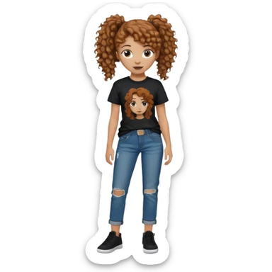 Girl with chestnut colored curly hair in a ponytail, and then a black raper on shirt and loose jeans sticker