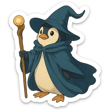 ghibli style penguin wizard with flowing robe and staff sticker