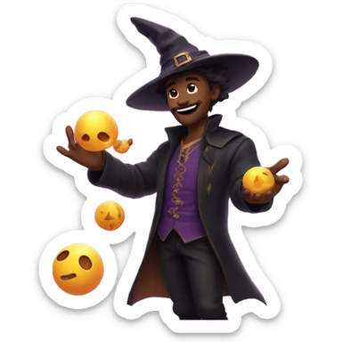 He shows off his 💁 juggling skills, but with balls shaped like small dragons, while mastering the magic 🧙‍♂️ stars around him and wearing a witch's hat. sticker
