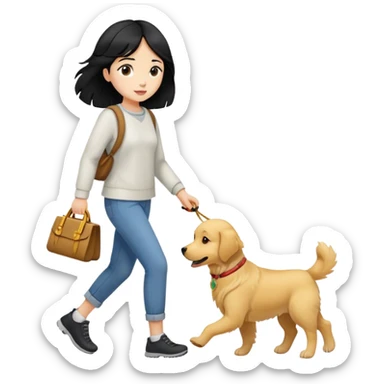 A black-haired girl walking with a golden retriever sticker