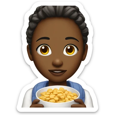 A girl eating cereal with her forehead sticker