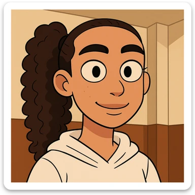 Haz una versión tipo dibujo animado de esta niña, resaltando su coleta y su pelo rizado sticker