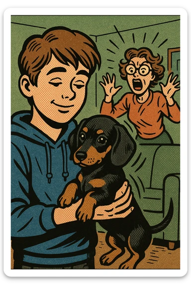 A modern day teenager with brown hair wearing a blue hoodie with a black and tan puppy dachshund in a green living room with a crazy mum with brown hair wearing big glasses in the background sticker