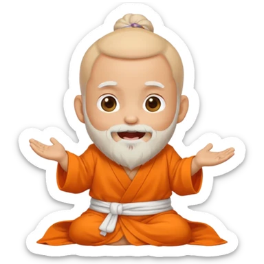 Chibi Aacharya emoji, white beard and bun, orange robe, laughing with tears of joy, cute sticker style, transparent background, PNG sticker