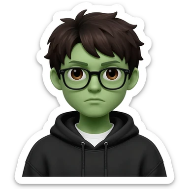 zombie boy with white tshirt and black brownish hair and with black glasses frames on hair is texturized young boy and round face more green face and dark brown eyes black thick cotton y2k hoodie with the white t-shirt under it hood of hoodie is standing up a slight bit and no ties on hoodie sticker