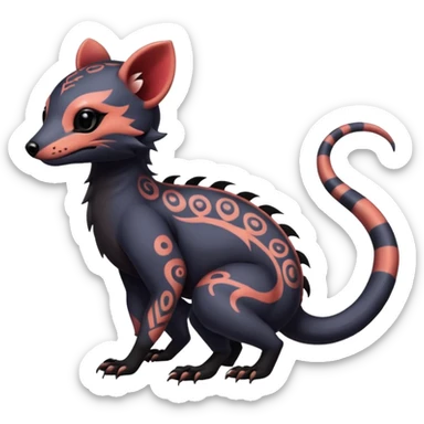Rare warm-colored exotic gloomy tropical edgy cute epic aesthetic spooky  gothic colorful Salandit-Noibat-Civet-species-Fakemon-hybrid-creature, with tribal tattoo markings, full body sticker