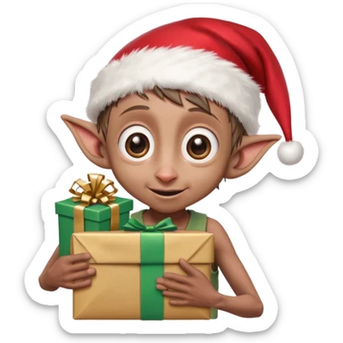 Dobby the house-elf wearing a tiny Santa hat, holding a wrapped gift with his big, joyful eyes shining sticker