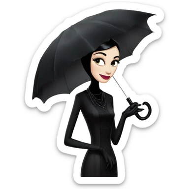 Audrey Hepburn as Morticia Addams at a rainy funeral holding a lacey umbrella. funeral veil ,gloves,purse.  sticker