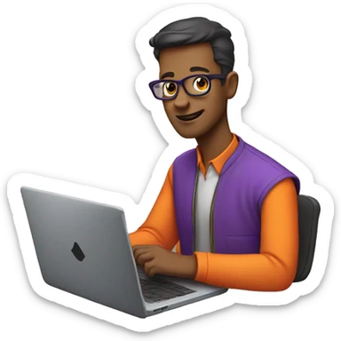 A geek on a laptop in an orange and purple shirt sticker