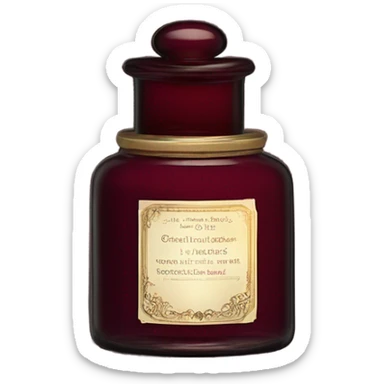 A burgundy monochrome aesthetic: a decorative candle, a glass jar, deep red pansies, and a vintage perfume bottle under dim light. sticker
