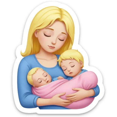 Mother is holding a baby, the mother has yellow hair and pink clothes, the baby is sleeping in blue clothes sticker