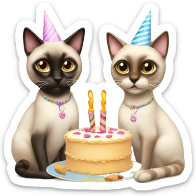 two siamese cats at a birthday party eating cake sticker