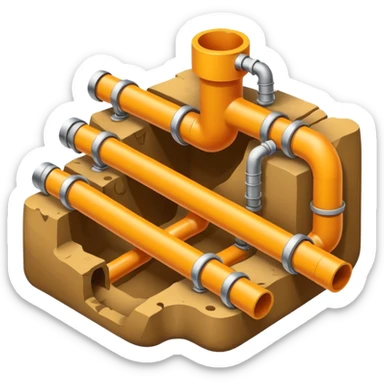 Emoji-style illustration of pipe installation in a trench, flat vector look, bold outlines, minimal details, no background sticker