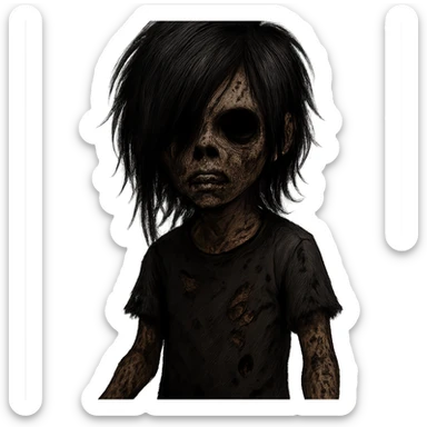 boy zombie with black hair, emo style, creepy, long hair, scary, black eyes, brown skin sticker