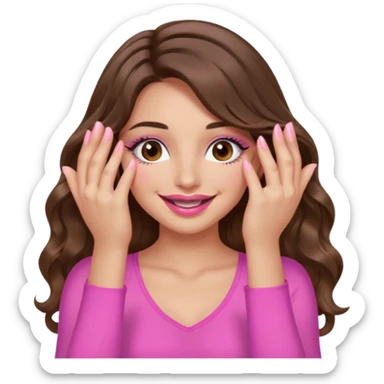 girl with long wavy brown hair, brown eyes, long lashes, sexy pink lips, light to medium complexion, wearing a pink sexy top, smiling, hands covering over the eyes sticker