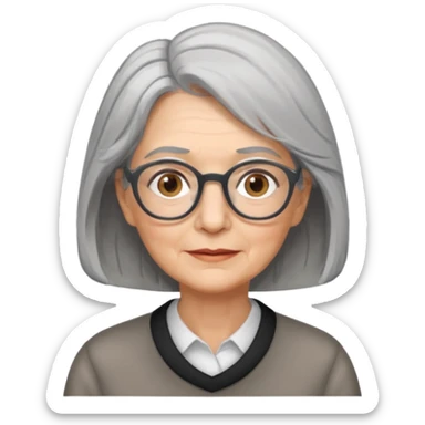 Older woman with shoulder length partial grey hair wearing glasses hazel eyes sticker