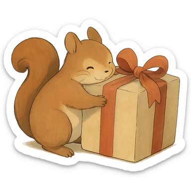 squirrel hugging a big gift box with bow, soft Ghibli style sticker