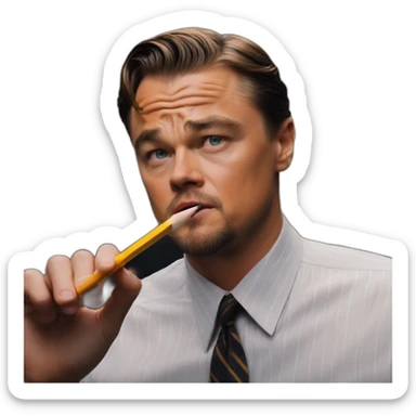 Leonardo DiCaprio holds a pencil in 'The Wolf of Wall Street' during the 'Sell Me This Pen sticker