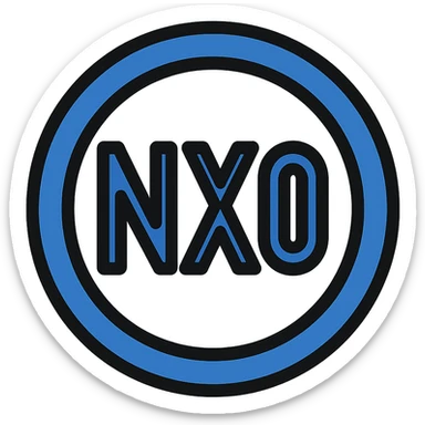 NxO centered within a thick blue circular border, clean icon design sticker