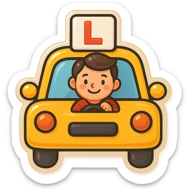 Add a visible driver inside the cute yellow car with learner symbol, keep the retro stickers style and no background. sticker