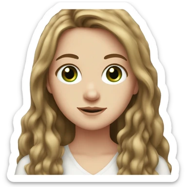 white girl. long brown hair. dark green eyes. white shirt. freckle. sticker