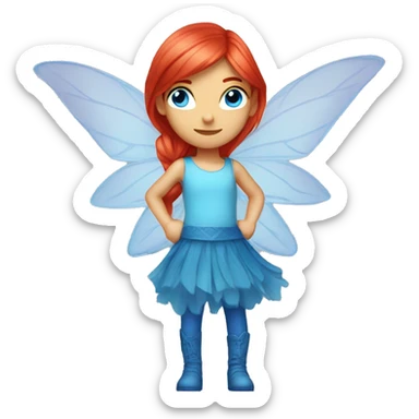 bloom winx fairy with red hair and blue eyes and in blue shirt with wings  sticker