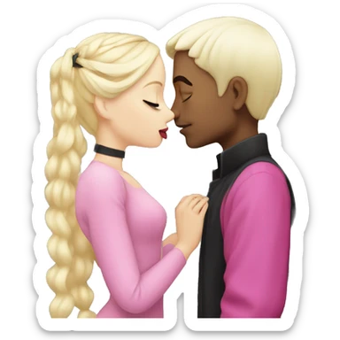 Goth black haired boy, kissing blonde girl in pink sticker