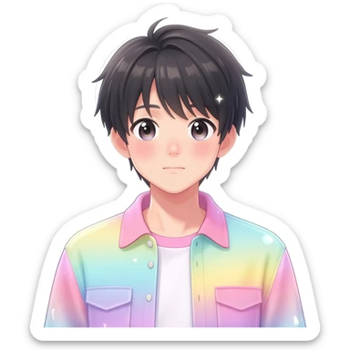 Gorgeous bright sparkly romantic Asian anime pastel guy with blushing face aesthetic trending style outside sticker
