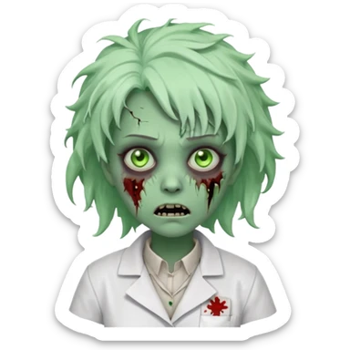 zombie scientist woman portrait, head and shoulders only, torn lab coat collar, pale green skin, stitched face details, glowing eerie eyes, messy hair, creepy but cute cartoon style, 3D cartoon, mobile game icon style, clean background, no text, no watermark
 sticker