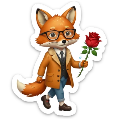 a fox with glasses, walking with shoes on and raining on him, also a dead rose in his hands and he's sad sticker
