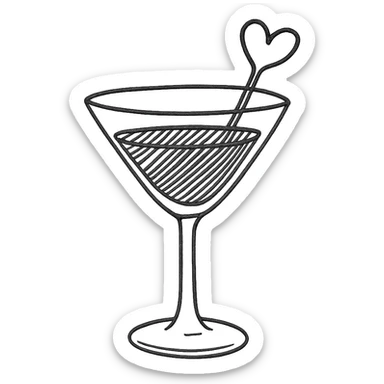 cocktail glass with burgundy drink and a heart-shaped stirrer, hand drawn style sticker
