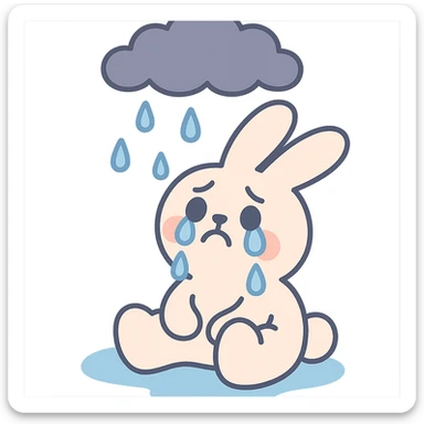 marshmallow bunny sitting with tears under a raincloud, pastel-toon style sticker