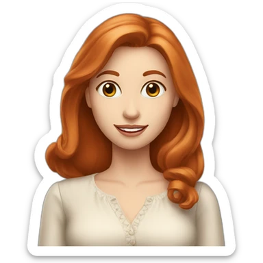 redhead white woman with medium long straight hair, greetting, wearing romantic blouse sticker