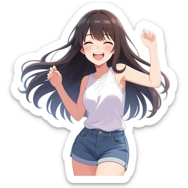 Anime girl long hair without dress dancing and giggling sticker