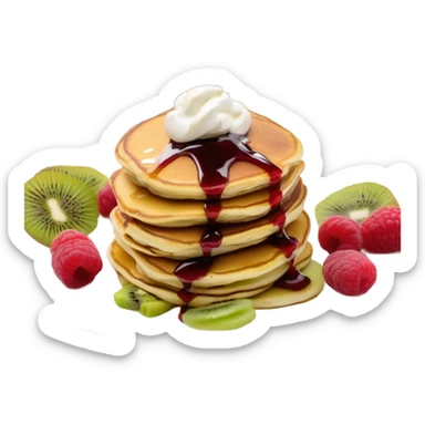 three pancakes with sour cream on top, raspberry jam and kiwi slices in a white plate sticker