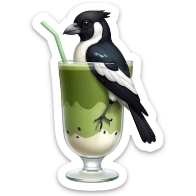  ONE Australien Magpie (just black and white feathers) sitting on an iced matcha latte on the edge of the glass. magpie has green matcha on its beak. matxha latte is in a see through glass and white from the oat milk on the bottom and green without seeds on top… one straw & ice cubes sticker