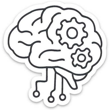 hand-drawn AI brain with gears, technology AI sticker