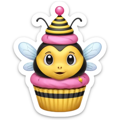 a Bee with pink Birthday Hat, Embarrassed bee with cupcake sticker