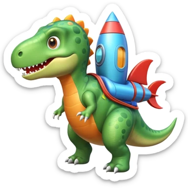 cute toy-like rocket-propelled dinosaur, rounded shapes, glossy texture, colorful rocket backpack, happy expression, 3D cartoon, mobile game icon style, clean background, no text, no watermark
 sticker
