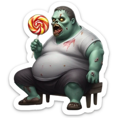fat zombie wearing eating a lollipop hyperrealistic sticker