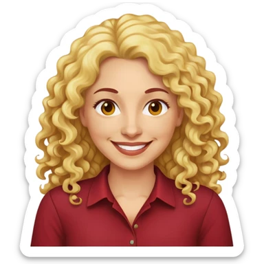 Người phụ nữ 40 tuổi, da vàng, tóc dài xoăn, mặt cười mỉm, áo đỏ đậm, nửa thân trên sticker