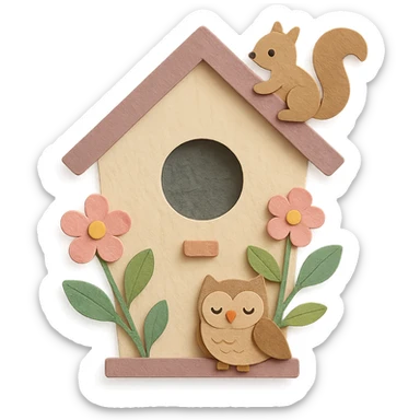 a cozy birdhouse with flowers and forest creatures, soft pastel colors, paper craft style sticker