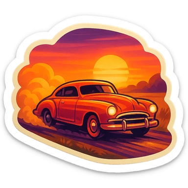 a classic car speeding on country road, retro style, dust cloud behind, sunset background sticker