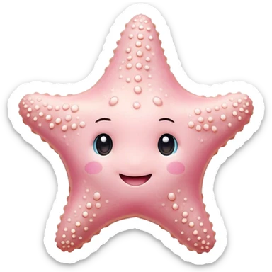 Cinematic cute round starfish, pastel pink, soft bumpy texture, tiny happy face, slightly tilted, glowing warmly, sparkling with gentle ocean magic. sticker