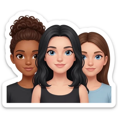 Trio girl best friends one girl with tan skin, brown eyes, and curly brown hair pulled back into a messy bun, and one girl with long black hair, blue eyes, and white skin, and one with medium length brown hair, blue eyes, and white skin. sticker